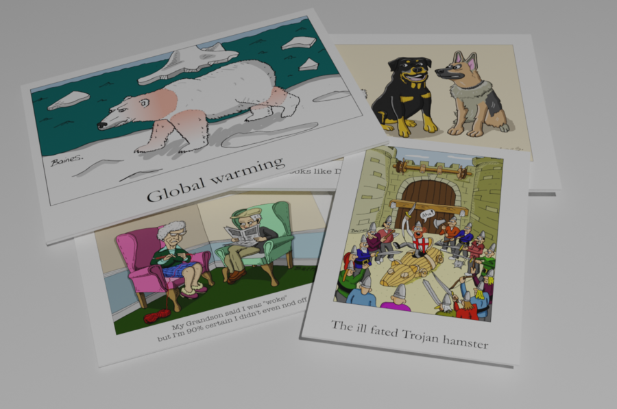 My cartoons cover news events or gag format